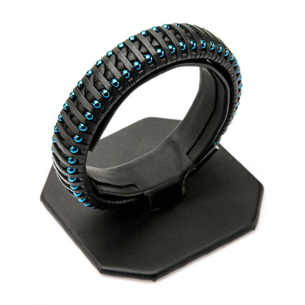 Black Leather with Blue Plated Ball Edge Bracelet