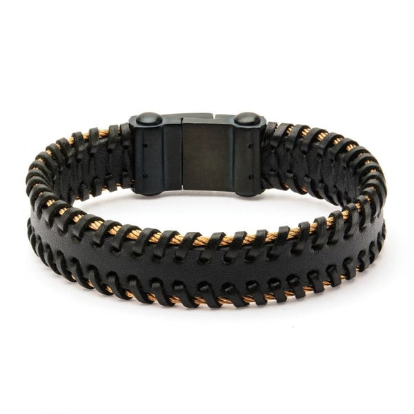 Black Leather with Rose Gold Plated Cable Edge Bracelet