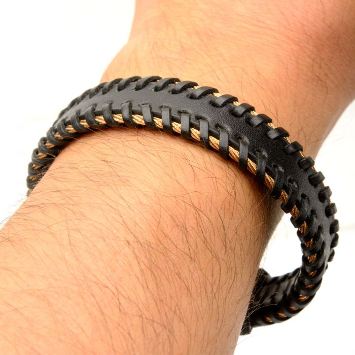 Black Leather with Rose Gold Plated Cable Edge Bracelet