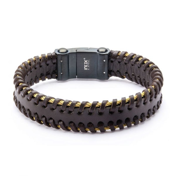 Black Leather with Gold IP Cable Edge Bracelet