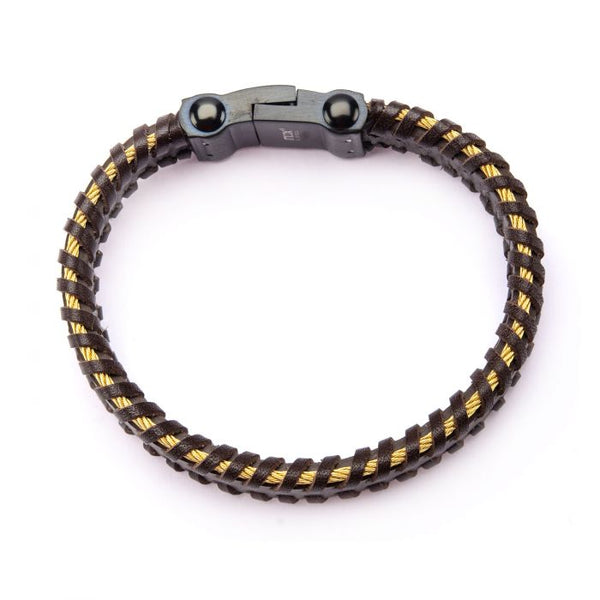 Black Leather with Gold IP Cable Edge Bracelet