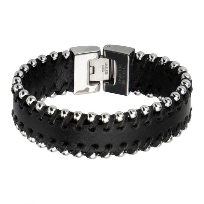 Steel Balls in Black Leather Bracelet