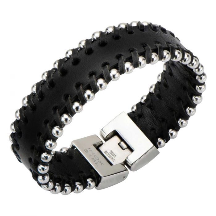 Steel Balls in Black Leather Bracelet
