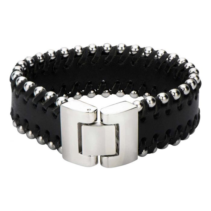 Steel Balls in Black Leather Bracelet