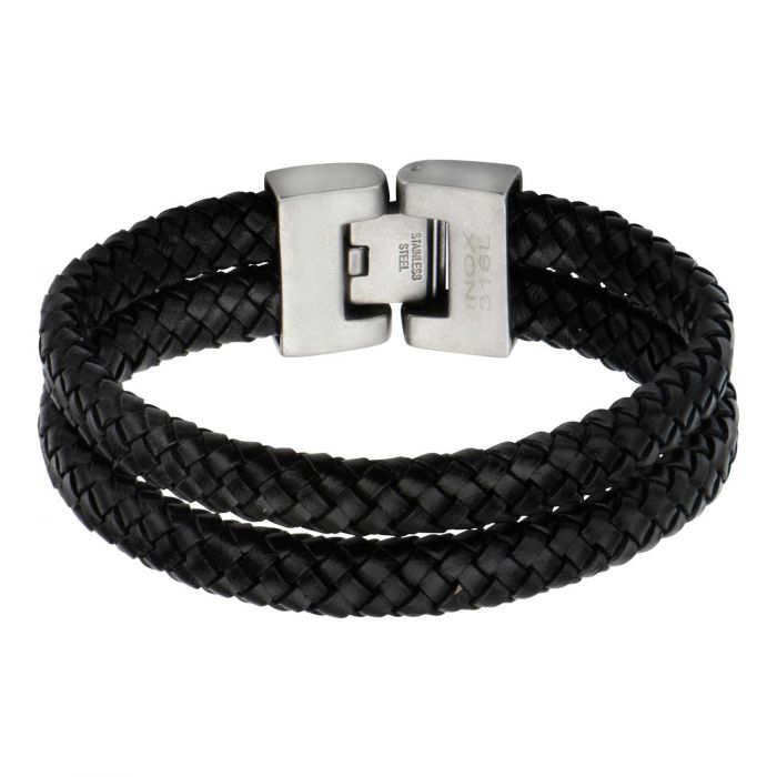 Double Strap Black Braided Leather Bracelet