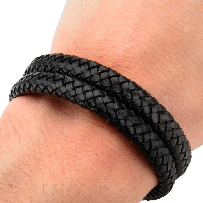 Double Strap Black Braided Leather Bracelet
