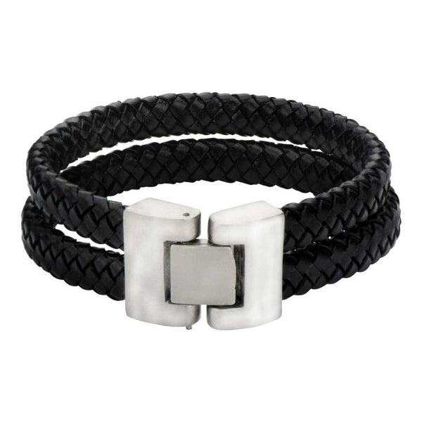 Double Strap Black Braided Leather Bracelet