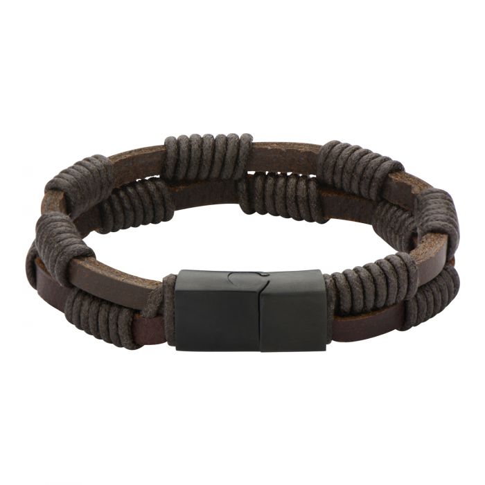 Double Brown Leather Bracelet with Rope