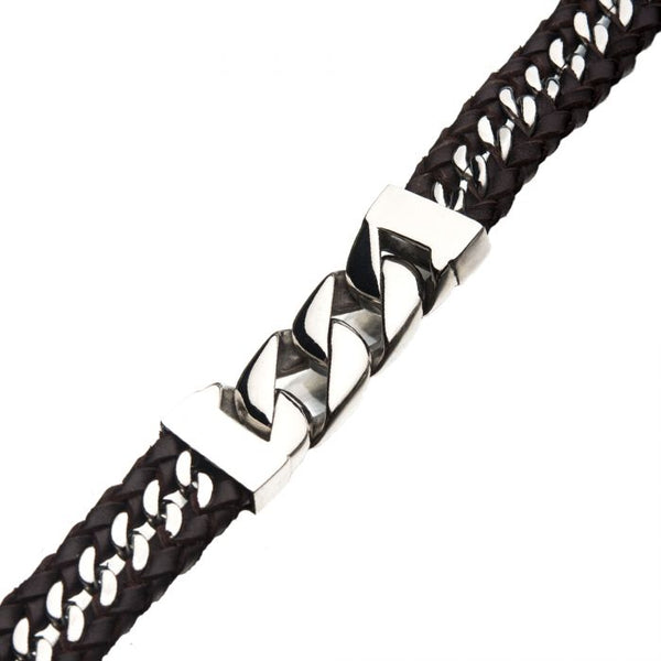 Steel Curb Chain with Braided Brown Leather Bracelet