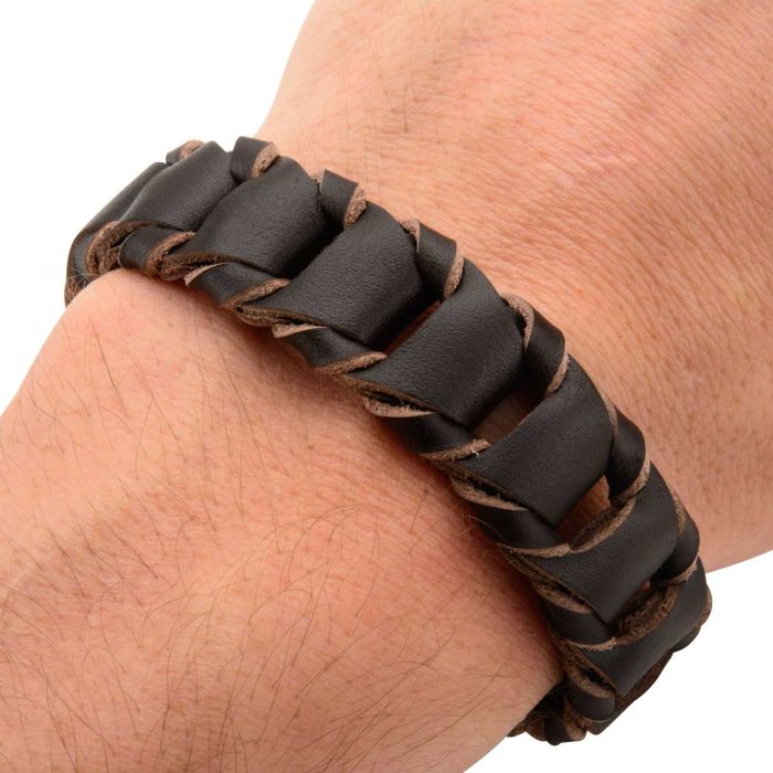 Big Fold Braided Brown Leather Bracelet