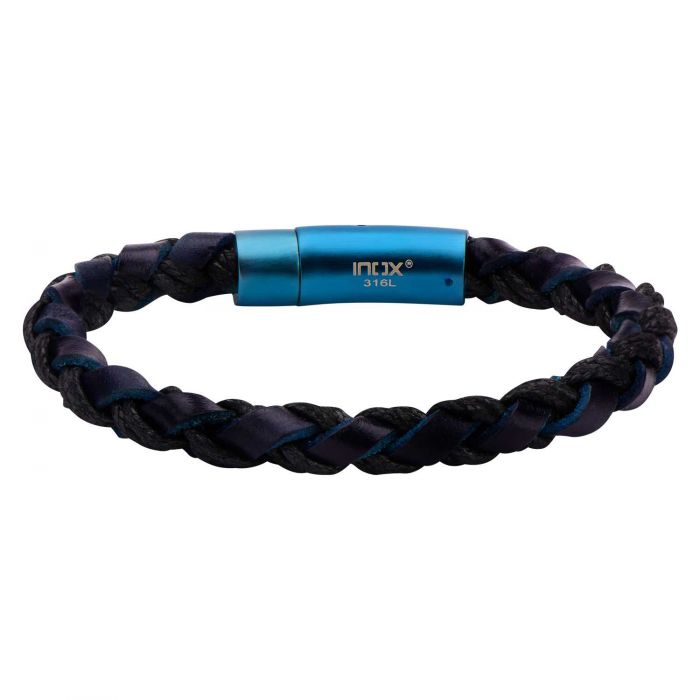 Blue Leather & Black Treaded Woven Bracelet