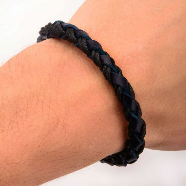 Blue Leather & Black Treaded Woven Bracelet