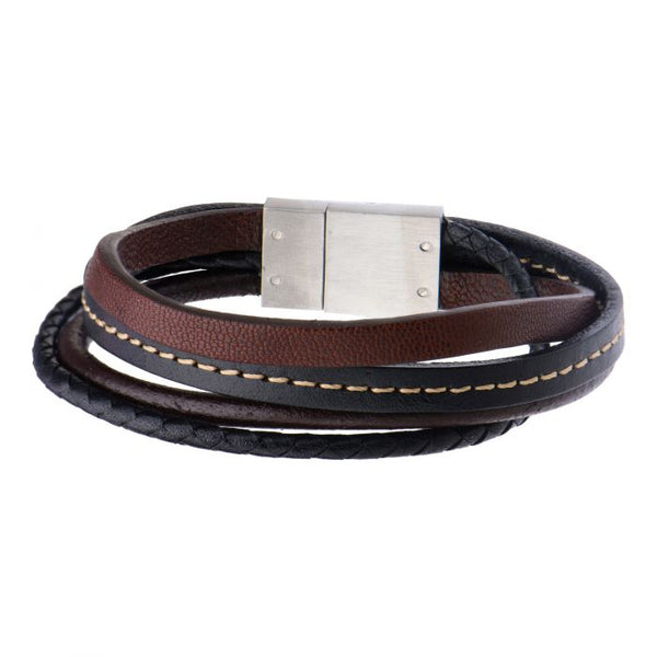 Brown and Black Leather in Brown Thread Layered Bracelet