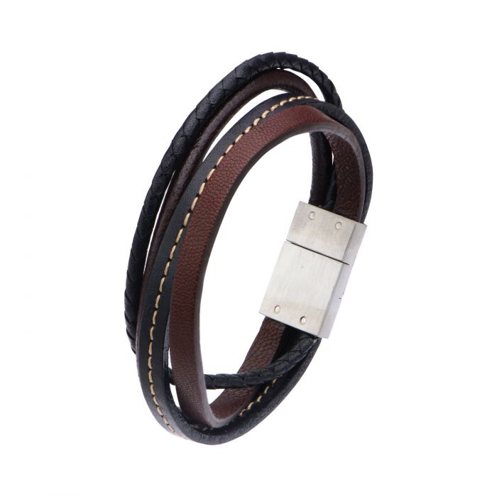 Brown and Black Leather in Brown Thread Layered Bracelet