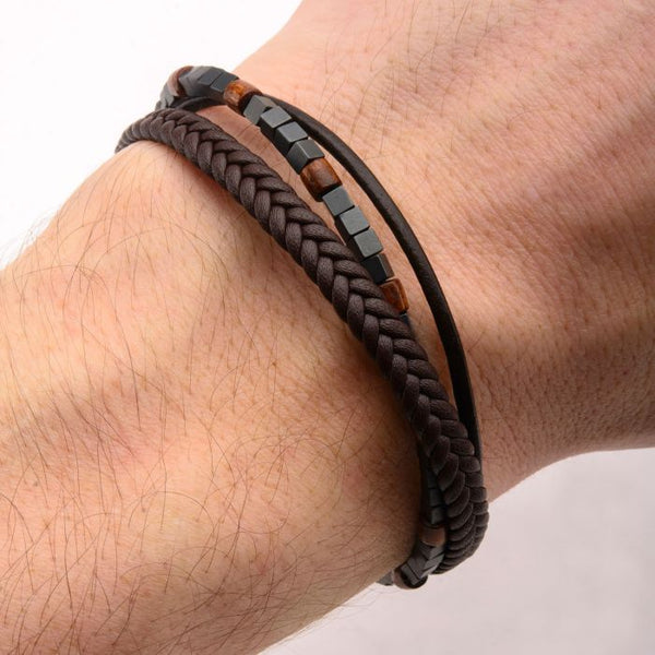 Brown Braided Leather and Stone Beads Layered Bracelet
