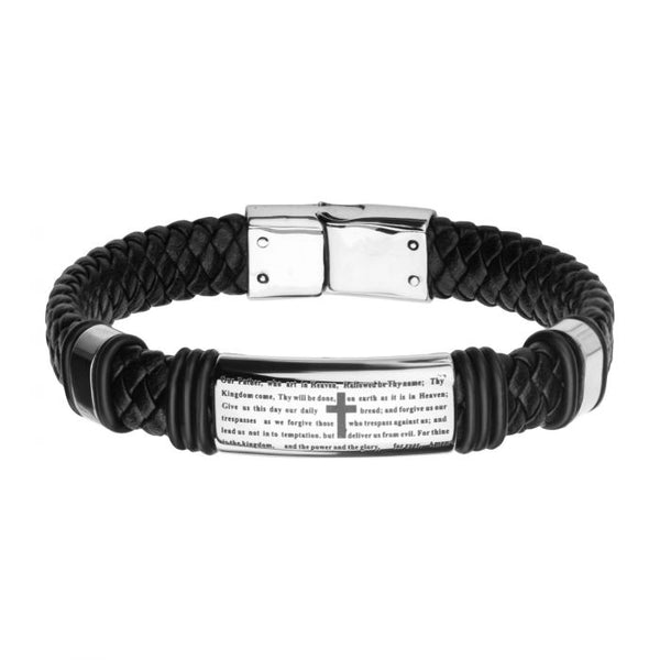 Black Braided Leather with Lord's Prayer ID Steel Bracelet