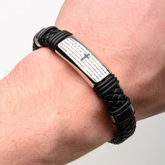 Black Braided Leather with Lord's Prayer ID Steel Bracelet