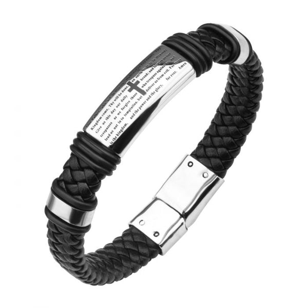Black Braided Leather with Lord's Prayer ID Steel Bracelet