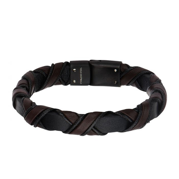 Black Plated Clasp with Woven Black and Dark Brown Leather Bracelet