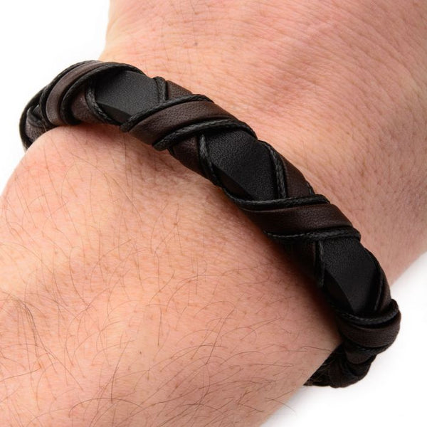 Black Plated Clasp with Woven Black and Dark Brown Leather Bracelet