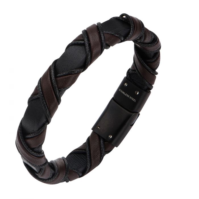 Black Plated Clasp with Woven Black and Dark Brown Leather Bracelet