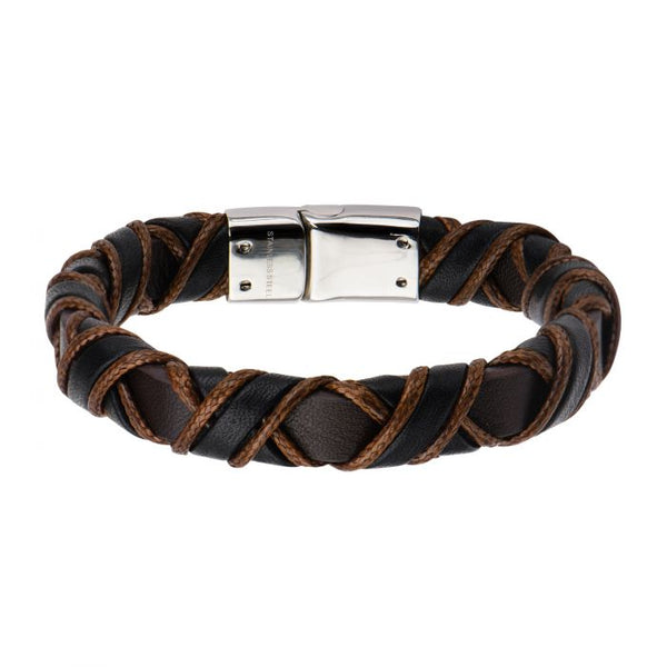 Clasp with Woven Black and Light Brown Leather Bracelet