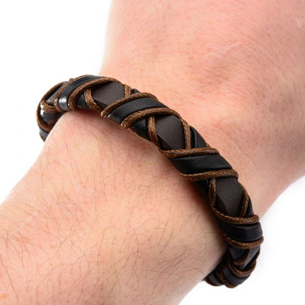 Clasp with Woven Black and Light Brown Leather Bracelet