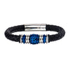 Load image into Gallery viewer, Steel and Blue Plated Bead in Black Braided Leather Bracelet