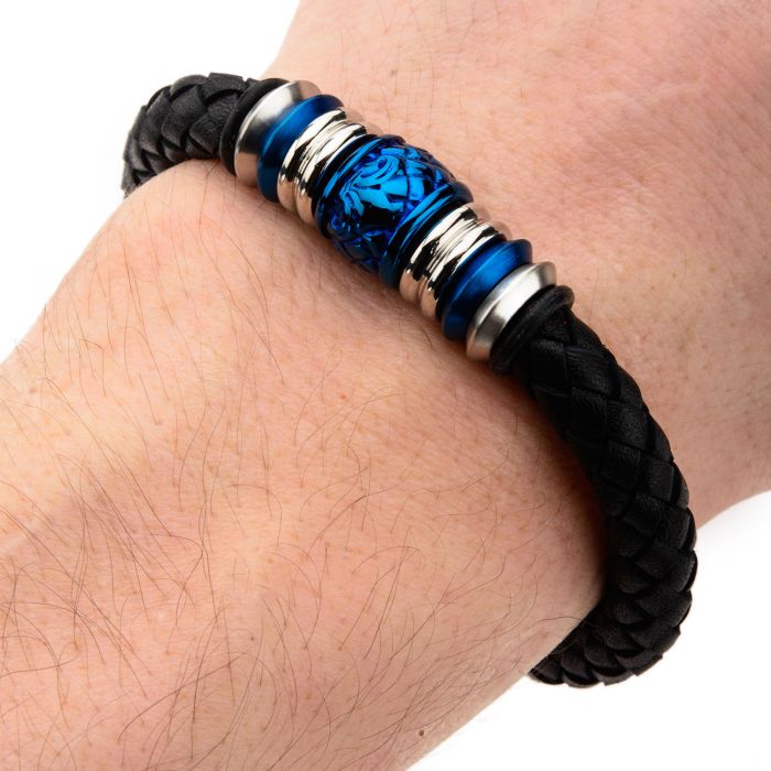 Steel and Blue Plated Bead in Black Braided Leather Bracelet