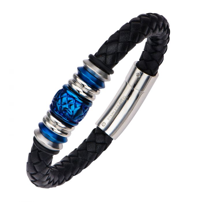 Steel and Blue Plated Bead in Black Braided Leather Bracelet