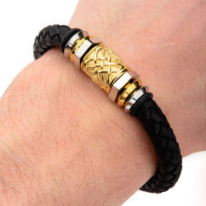 Steel and Gold Plated Bead in Black Braided Leather Bracelet