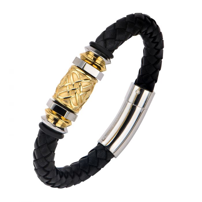 Steel and Gold Plated Bead in Black Braided Leather Bracelet