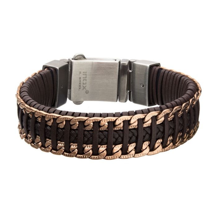 Brown & Black Weave Leather with Rose Gold Chain Bracelet