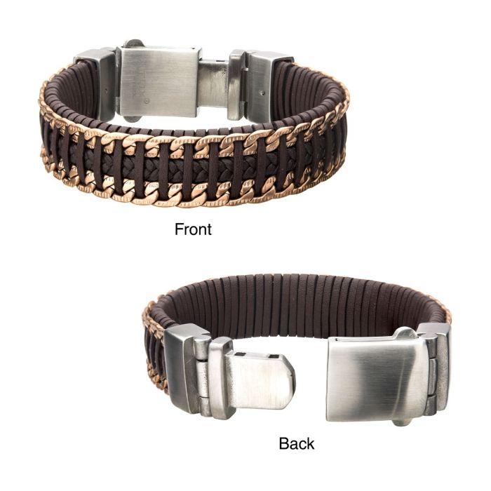 Brown & Black Weave Leather with Rose Gold Chain Bracelet