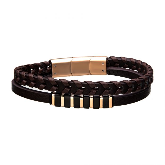 Brown Leather with Black & Rose Gold Bar Bracelet