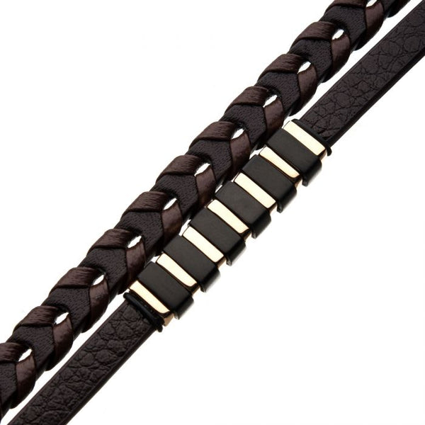 Brown Leather with Black & Rose Gold Bar Bracelet