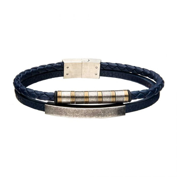 Blue Leather with Stainless Steel Bar Bracelet