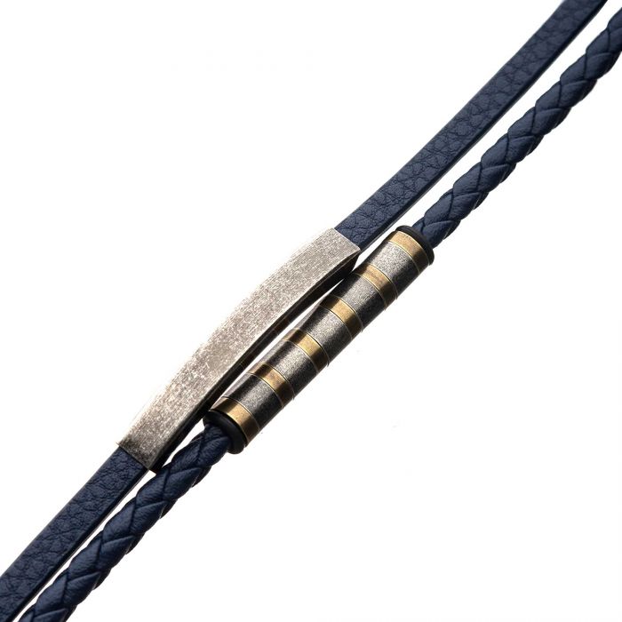 Blue Leather with Stainless Steel Bar Bracelet