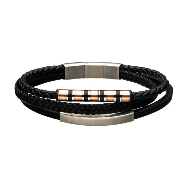Black Leather with Rose Gold and Steel Bar Bracelet