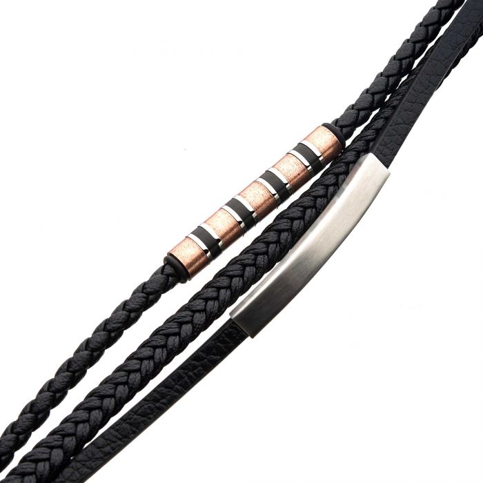 Black Leather with Rose Gold and Steel Bar Bracelet