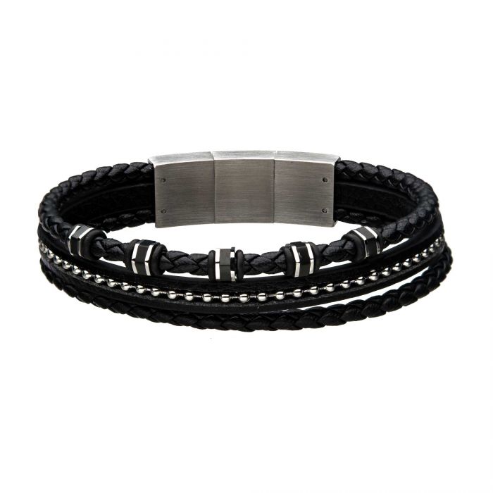 Black Braided Leather with Black & Steel Stoppers & Ball Chains Bracelet