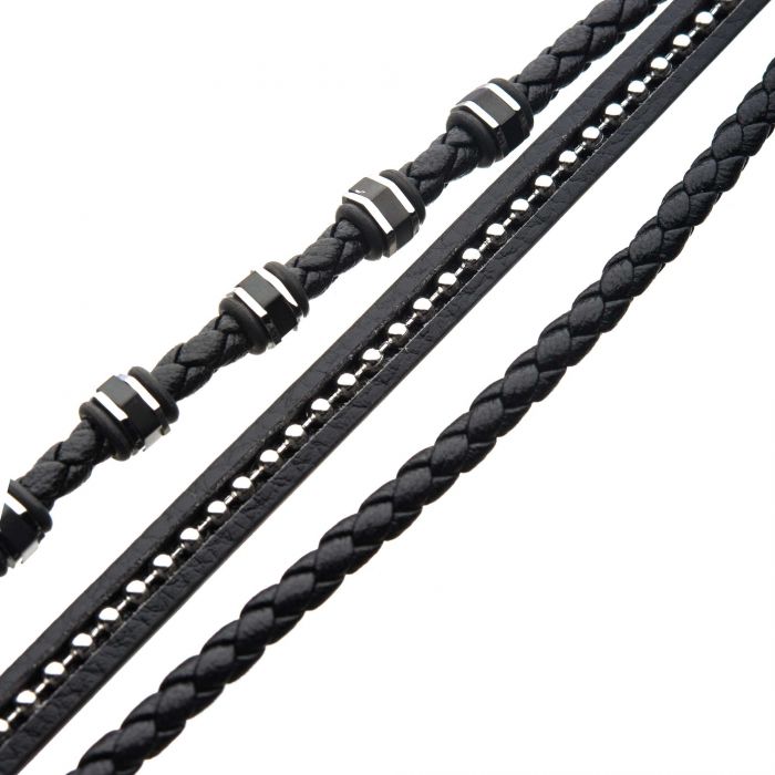 Black Braided Leather with Black & Steel Stoppers & Ball Chains Bracelet