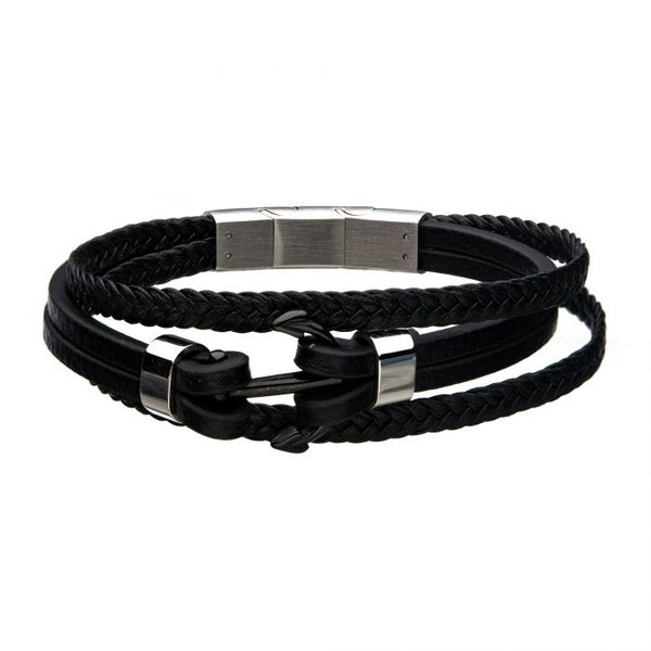 Black Leather with Steel Stoppers Bracelet