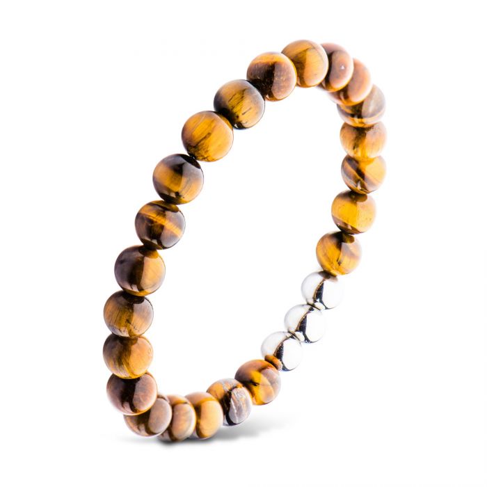 Stainless Steel, Tiger Eye Beaded Stretch Bracelet