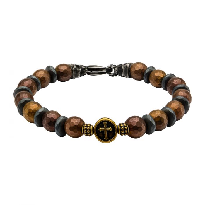 Brown and Black Beads in Cross and Skull Bracelet with Lobster Clasp