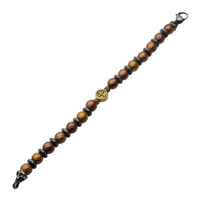 Brown and Black Beads in Cross and Skull Bracelet with Lobster Clasp