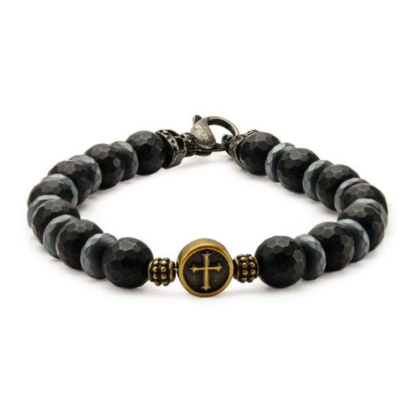 Brown and Black Beads in Cross and Skull Bracelet with Lobster Clasp