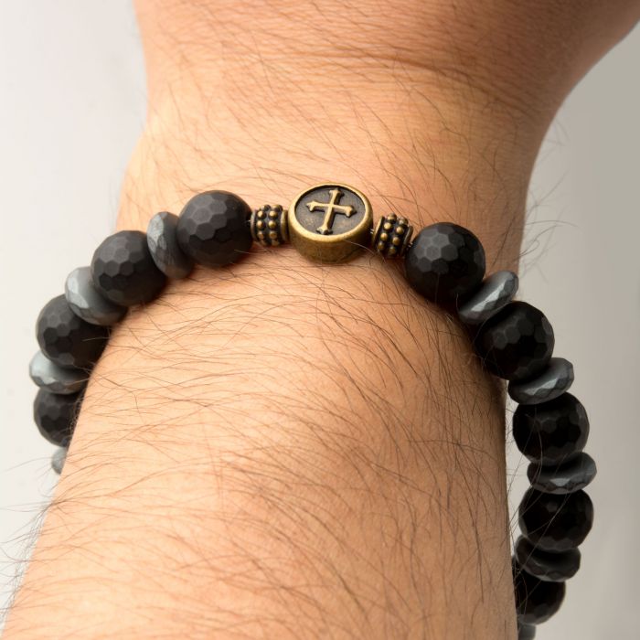 Brown and Black Beads in Cross and Skull Bracelet with Lobster Clasp