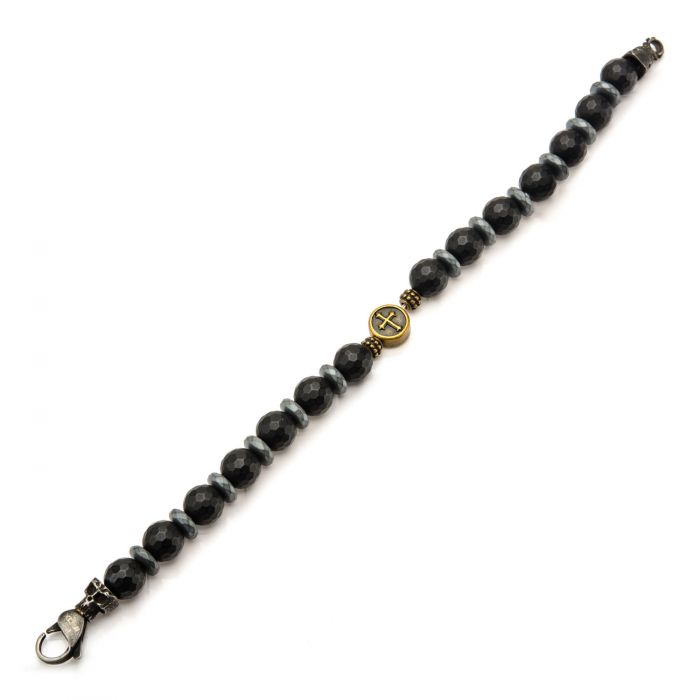 Brown and Black Beads in Cross and Skull Bracelet with Lobster Clasp