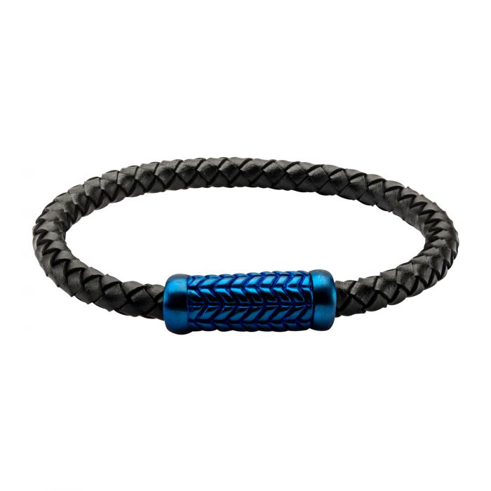 Black Leather Bracelet with Blue Plated Patterned Magnetic Center Buckle